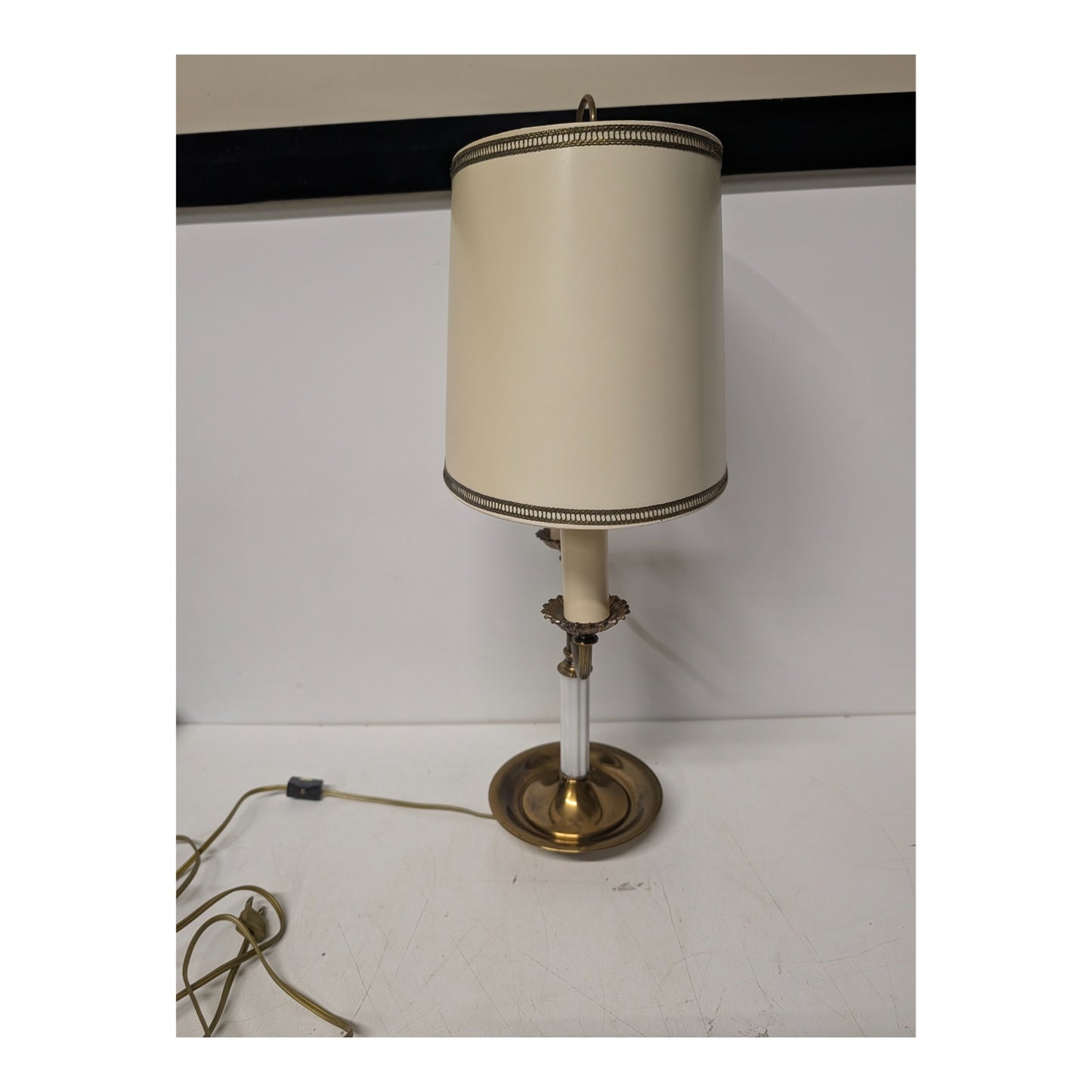 Vintage Hollywood Regency Brass & Lucite Two-Arm Candelabra Table Lamp