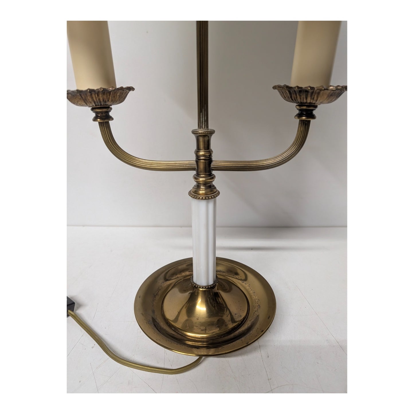 Vintage Hollywood Regency Brass & Lucite Two-Arm Candelabra Table Lamp