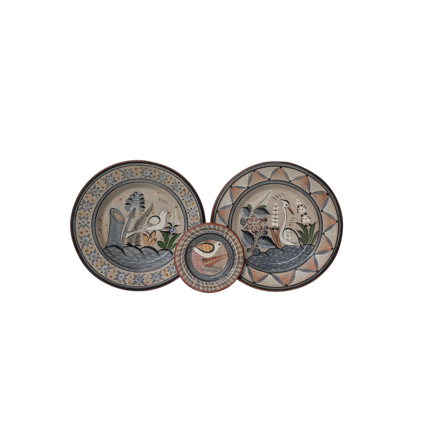 Vintage A. Solis Tonalá Mexican Pottery Wall Plates, Set of 3 Bird Motif