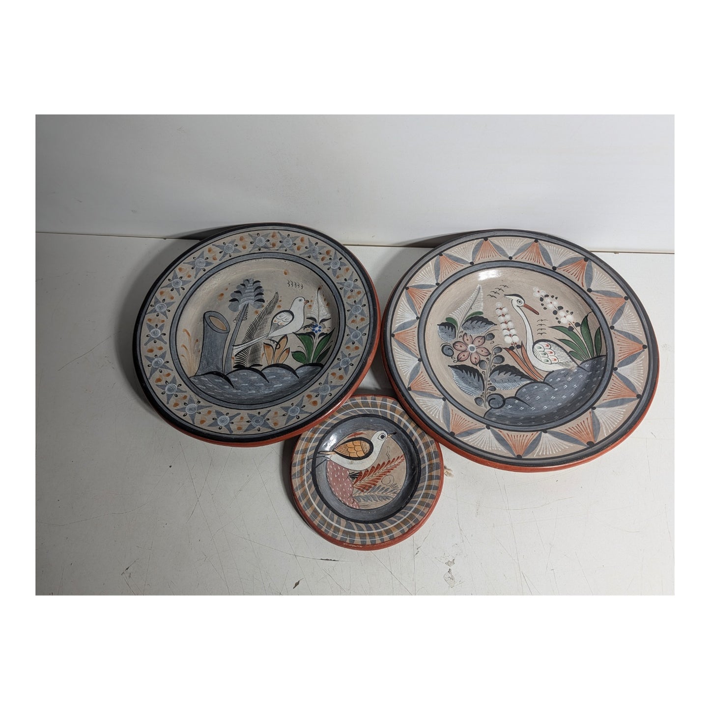 Vintage A. Solis Tonalá Mexican Pottery Wall Plates, Set of 3 Bird Motif