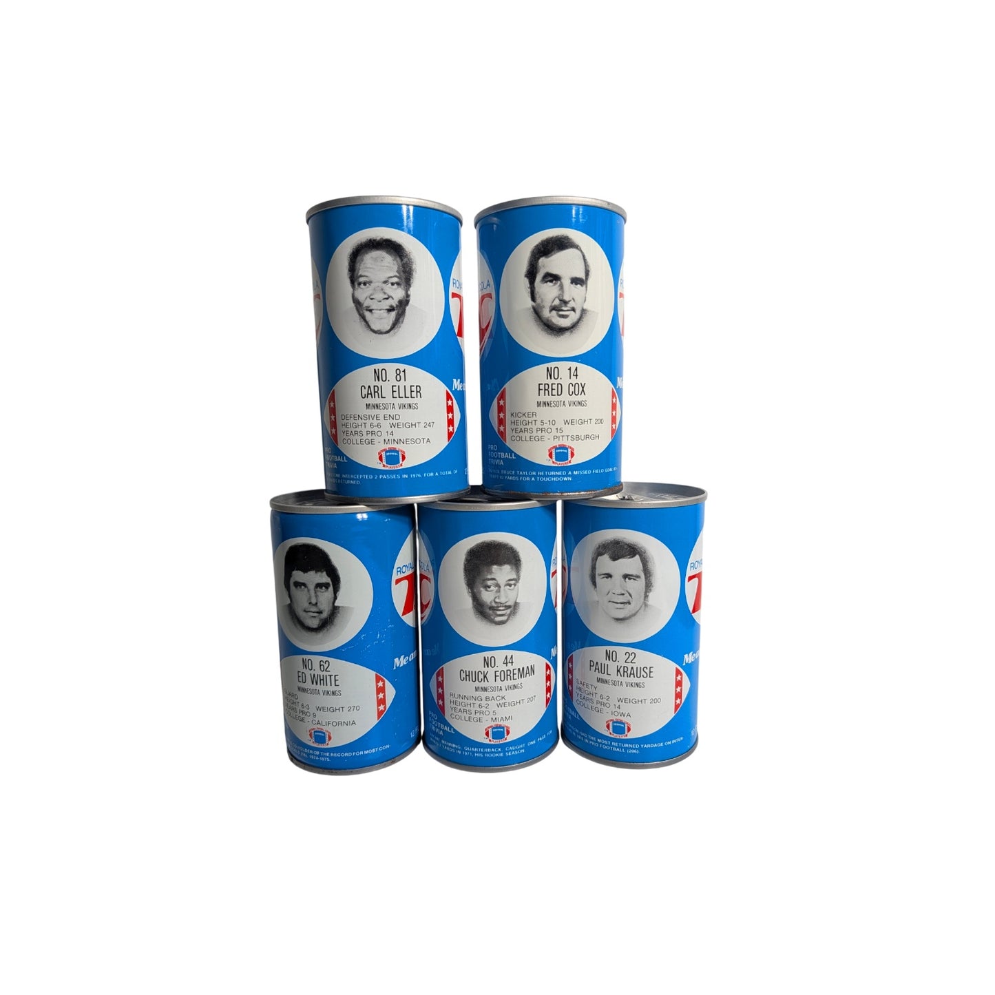 Vintage 1977 RC Cola Minnesota Vikings NFL Player Cans, Set of 5