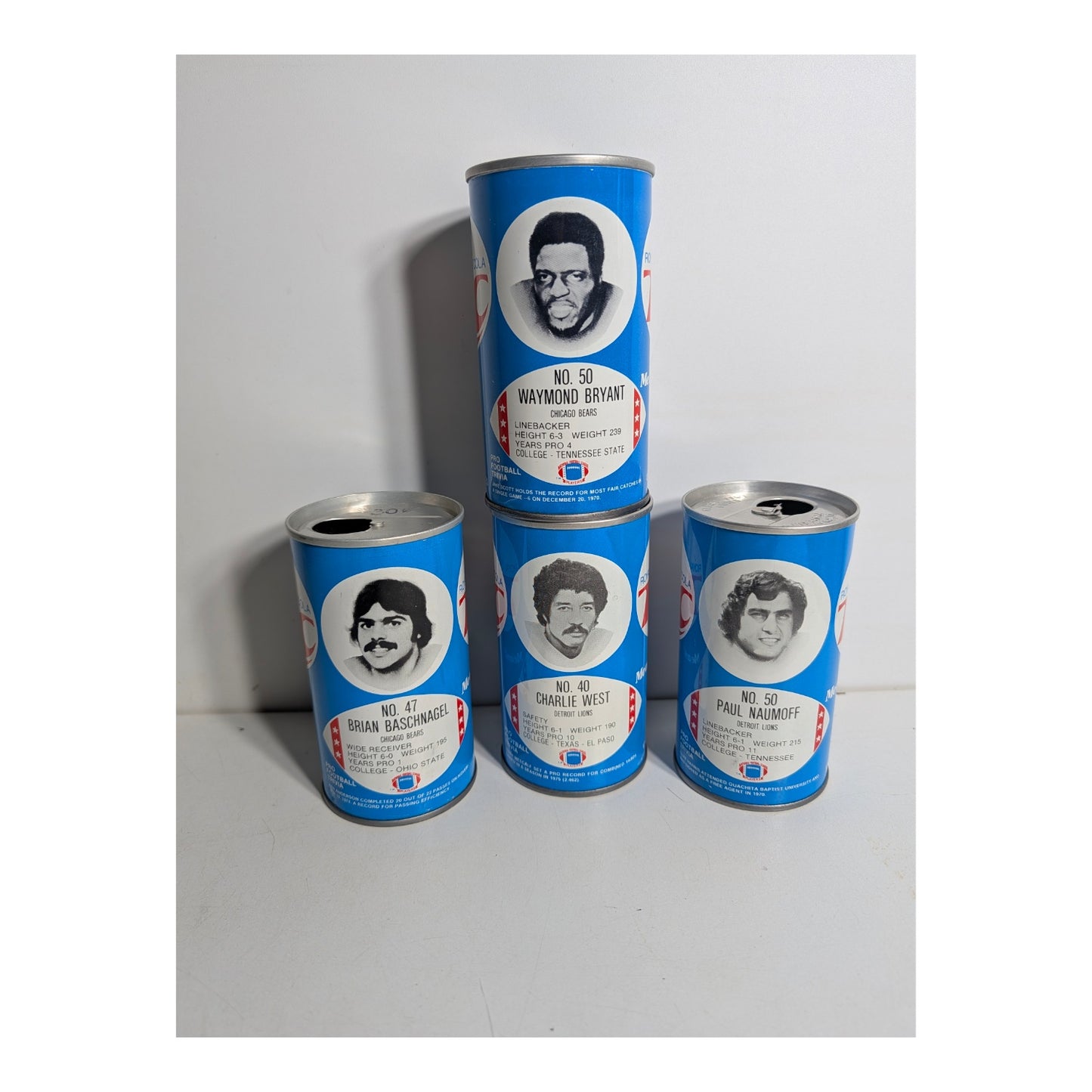 Set of 4 Vintage 1970s RC Cola NFL Pro Football Player Cans