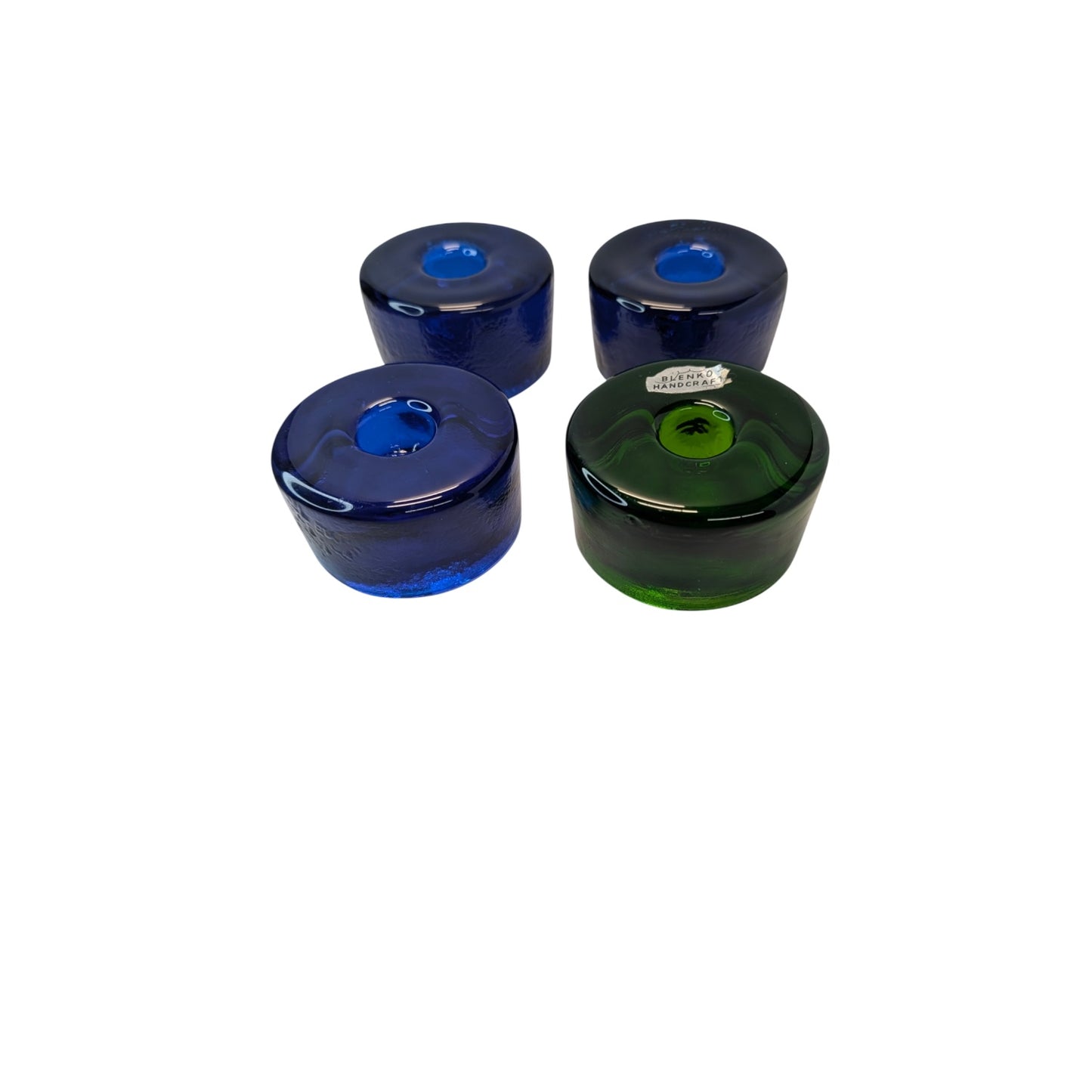 Set of 4 Vintage Blenko Glass Donut Candle Holders Cobalt & Emerald