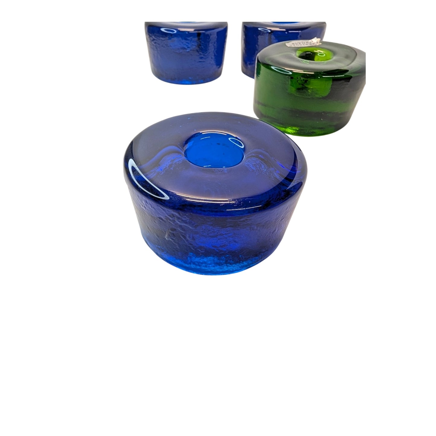 Set of 4 Vintage Blenko Glass Donut Candle Holders Cobalt & Emerald