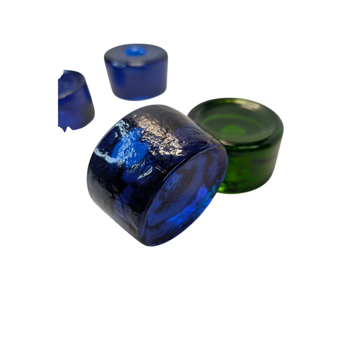 Set of 4 Vintage Blenko Glass Donut Candle Holders Cobalt & Emerald