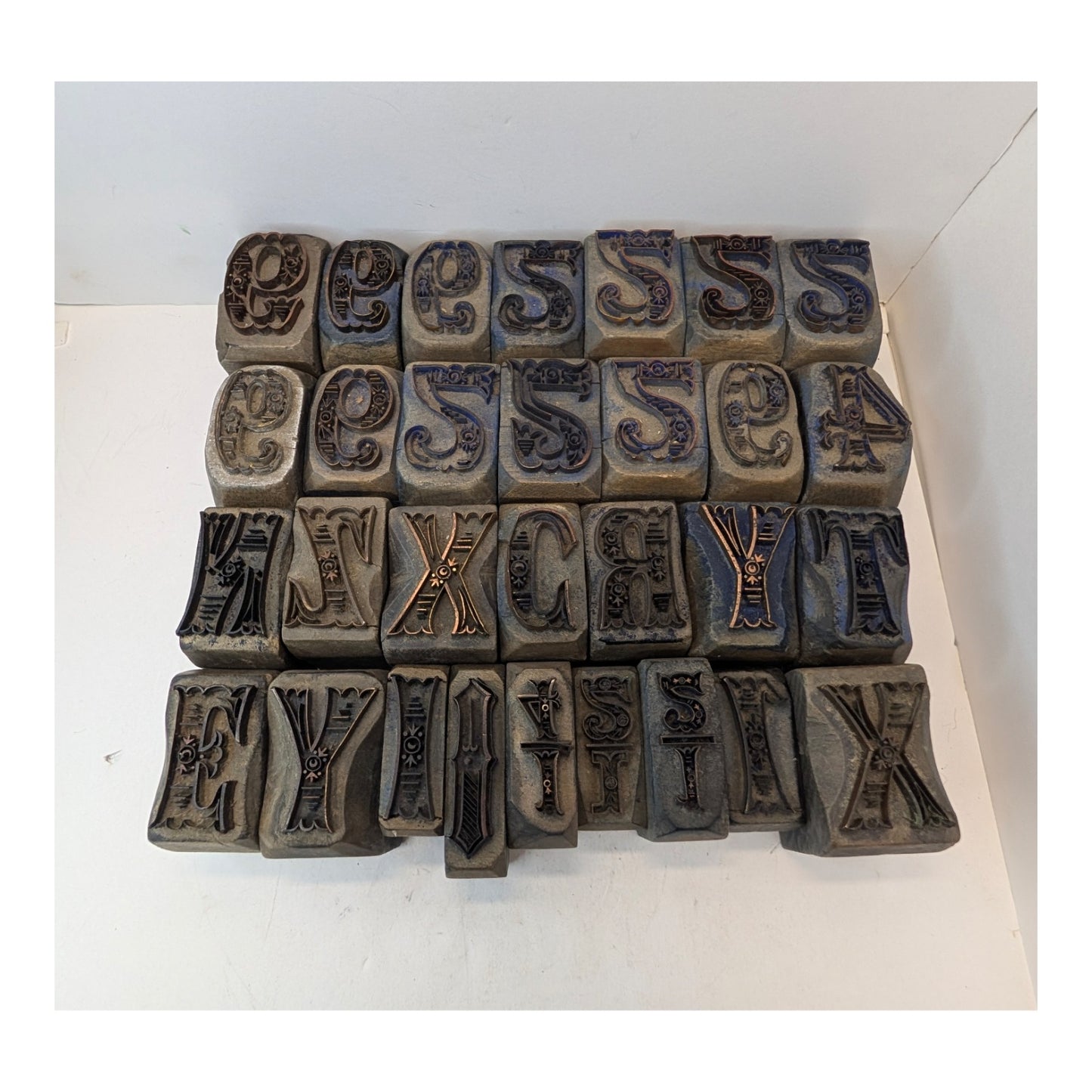 Vintage Ornate Letterpress Printing Blocks Set, Industrial Art Nouveau Decor
