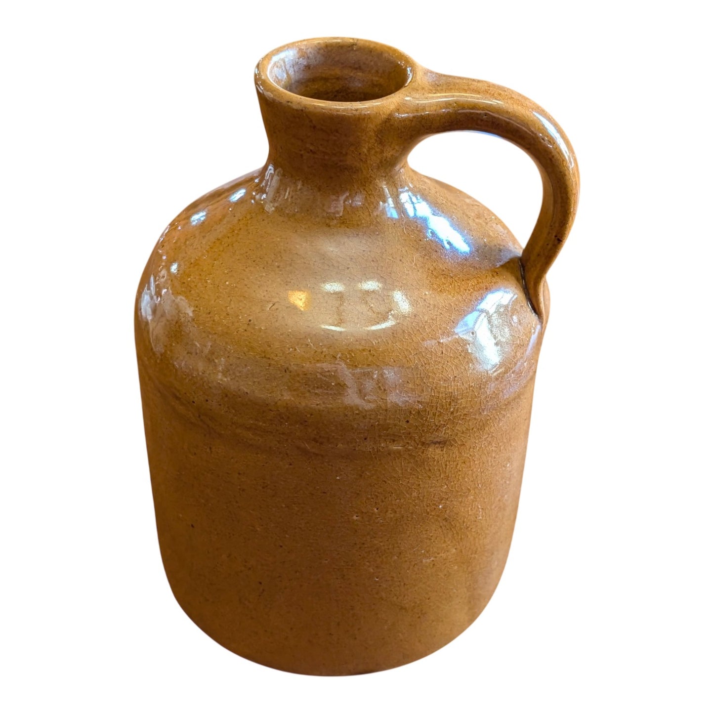 Antique American Stoneware Whiskey Jug, Small Primitive Brown Glaze Crock, Rustic Farmhouse Earthenware Decor