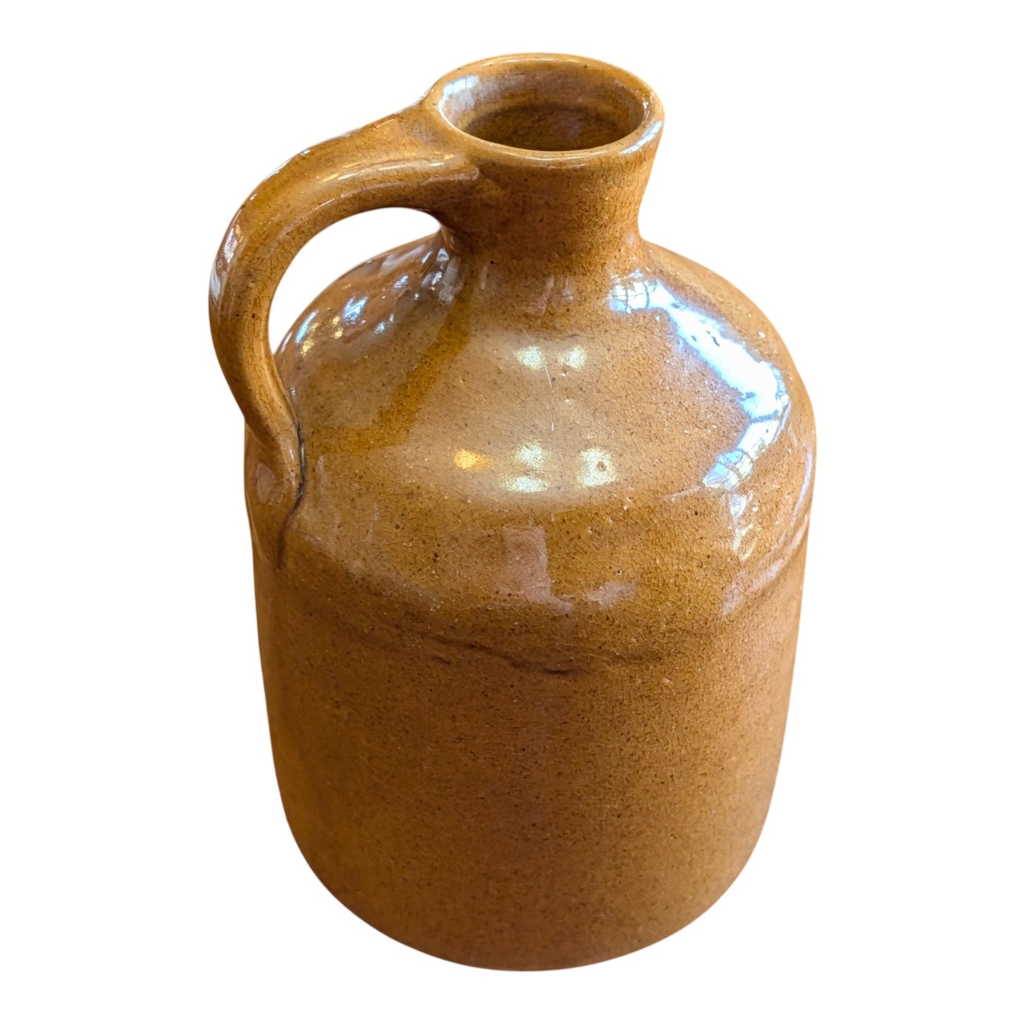Antique American Stoneware Whiskey Jug, Small Primitive Brown Glaze Crock, Rustic Farmhouse Earthenware Decor