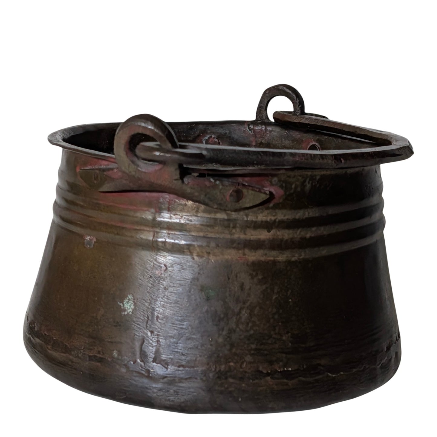 Antique 19th C. Hand Hammered Bronze Cauldron Pot, Primitive Forged Metal Kettle, Rustic Farmhouse Wabi Sabi Decor