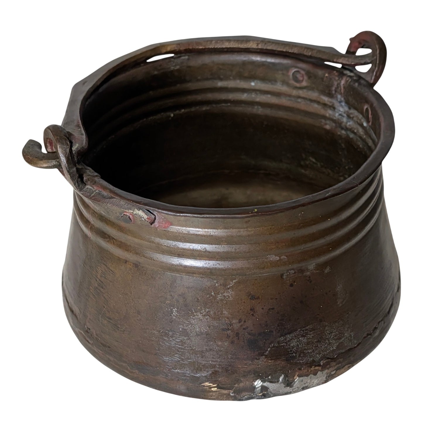 Antique 19th C. Hand Hammered Bronze Cauldron Pot, Primitive Forged Metal Kettle, Rustic Farmhouse Wabi Sabi Decor