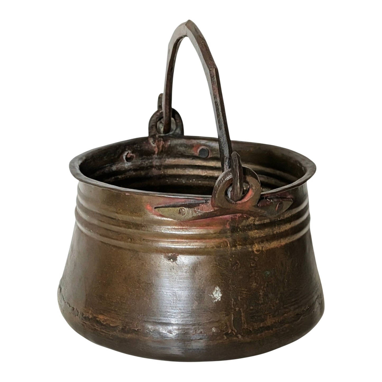 Antique 19th C. Hand Hammered Bronze Cauldron Pot, Primitive Forged Metal Kettle, Rustic Farmhouse Wabi Sabi Decor